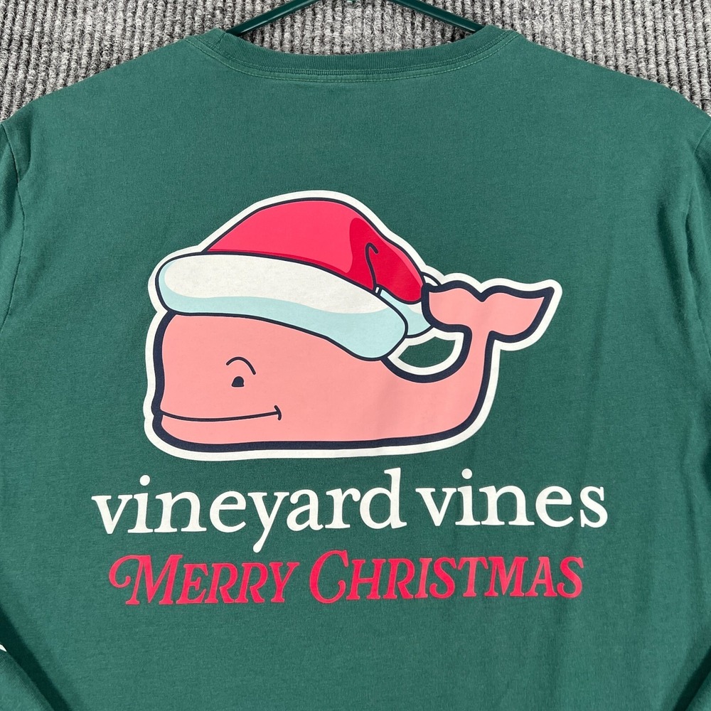 Vineyard Vines Merry Christmas Shirt Mens Small Green Long Sleeve Pocket Crew‎